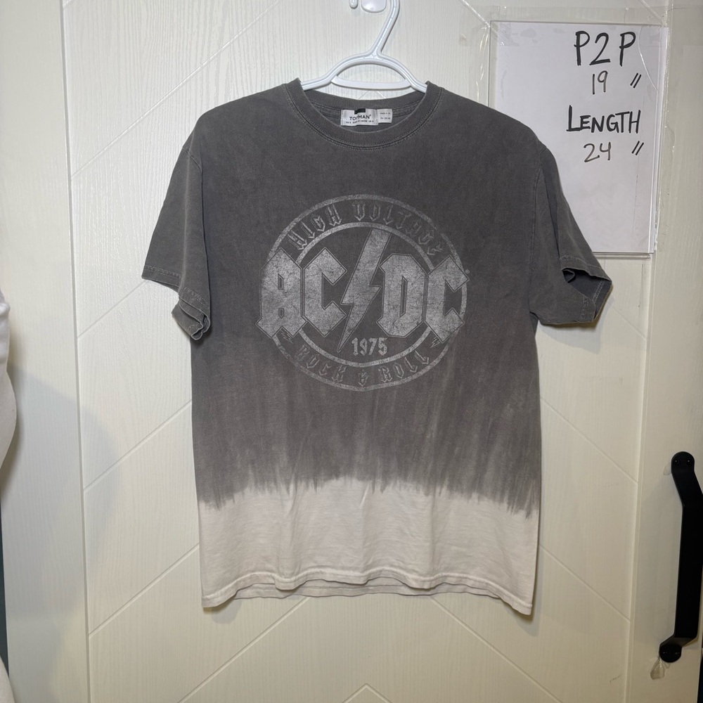 Topman AC/DC High Voltage Rock N Roll Dip Dye‎ Graphic Band Tee Grey White Small